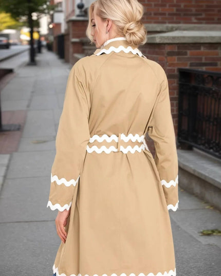Scalloped Trim Long Sleeve Trench Coat - Trendsi