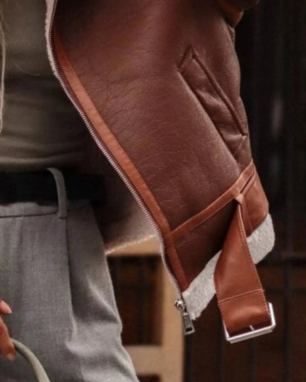 Shearling Lined Zip Up Jacket - Trendsi