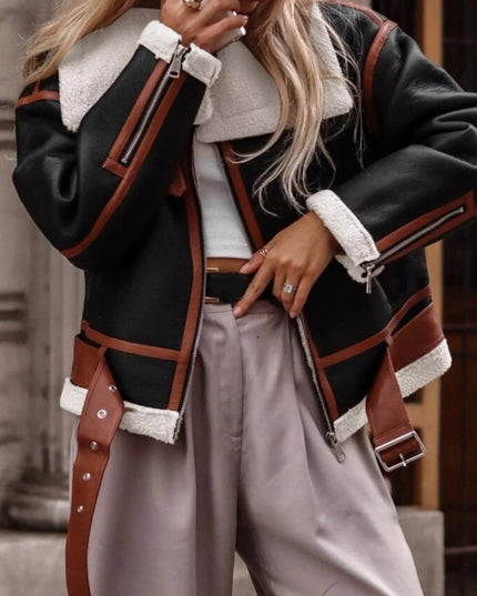 Shearling Lined Zip Up Jacket - Trendsi