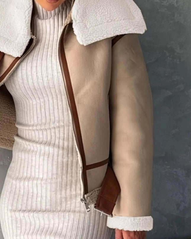 Shearling Lined Zip Up Jacket - Trendsi