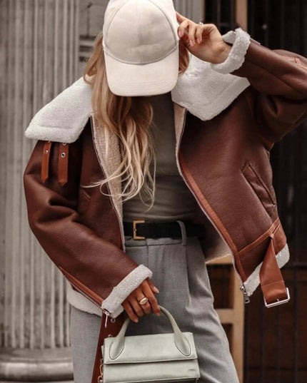 Shearling Lined Zip Up Jacket - Trendsi