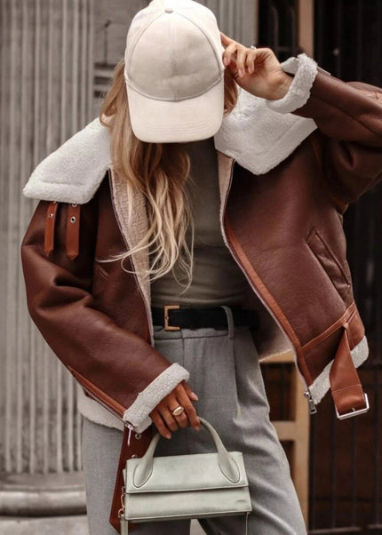 Shearling Lined Zip Up Jacket - Trendsi