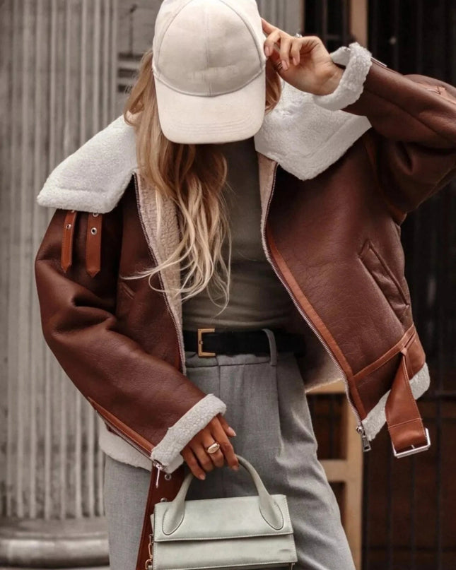 Shearling Lined Zip Up Jacket - Trendsi