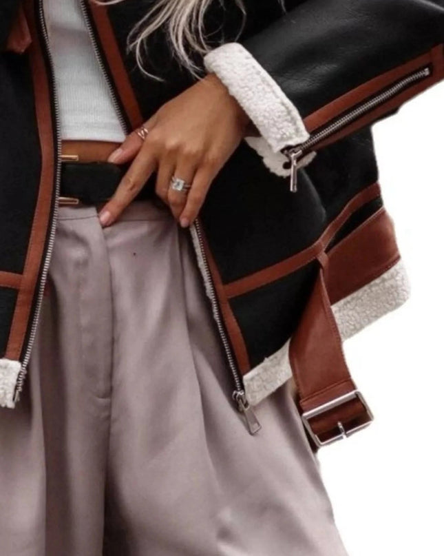 Shearling Lined Zip Up Jacket - Trendsi