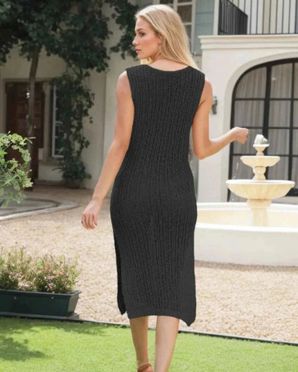 Side Slit Round Neck Sweater Dress - Trendsi