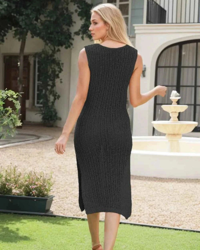 Side Slit Round Neck Sweater Dress - Trendsi