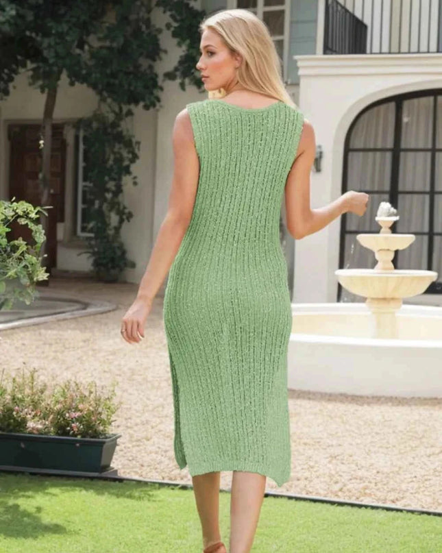 Side Slit Round Neck Sweater Dress - Trendsi