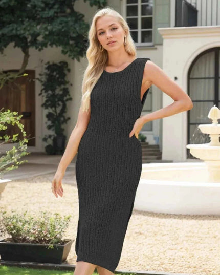 Side Slit Round Neck Sweater Dress - Trendsi