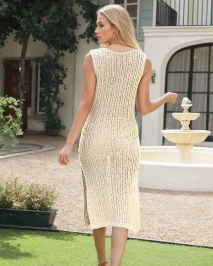 Side Slit Round Neck Sweater Dress - Trendsi