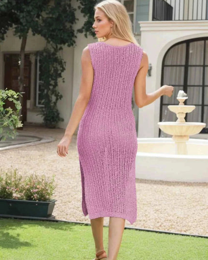 Side Slit Round Neck Sweater Dress - Trendsi