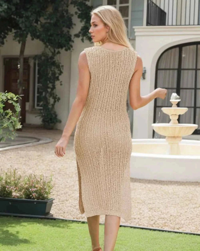 Side Slit Round Neck Sweater Dress - Trendsi