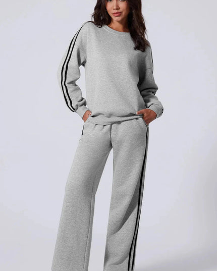 Side Striped Round Neck Top and Pants Active Set - Trendsi