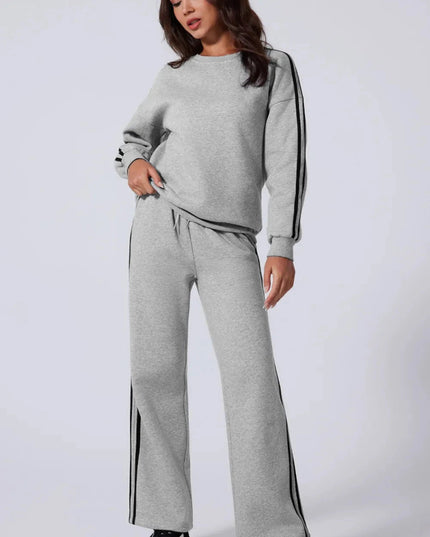 Side Striped Round Neck Top and Pants Active Set - Trendsi