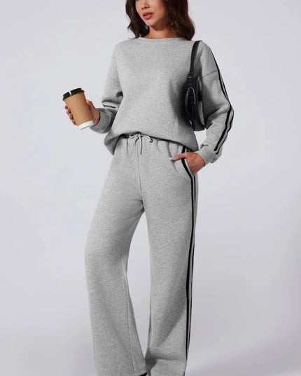 Side Striped Round Neck Top and Pants Active Set - Trendsi