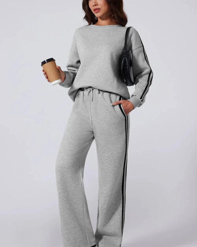 Side Striped Round Neck Top and Pants Active Set - Trendsi