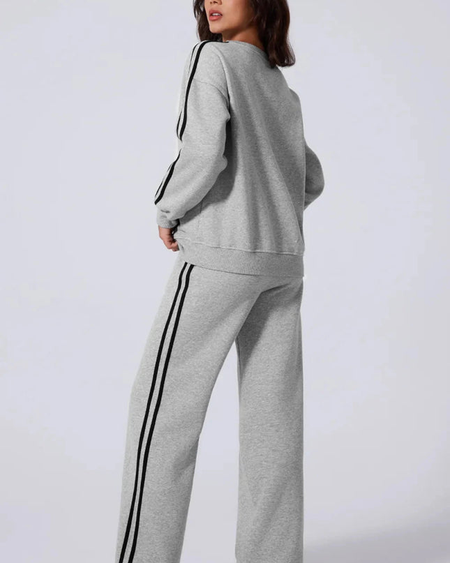 Side Striped Round Neck Top and Pants Active Set - Trendsi