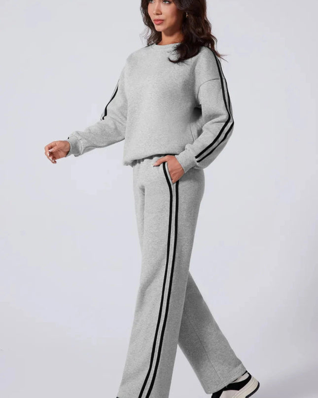 Side Striped Round Neck Top and Pants Active Set - Trendsi
