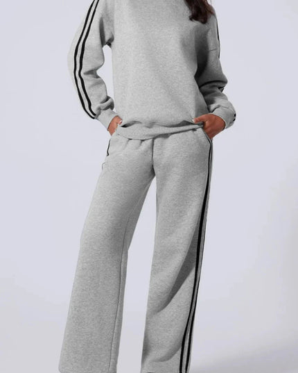 Side Striped Round Neck Top and Pants Active Set - Trendsi