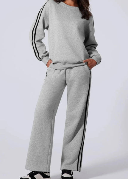 Side Striped Round Neck Top and Pants Active Set - Trendsi