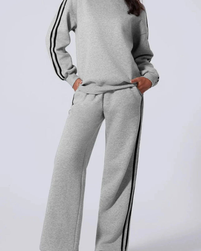 Side Striped Round Neck Top and Pants Active Set - Trendsi