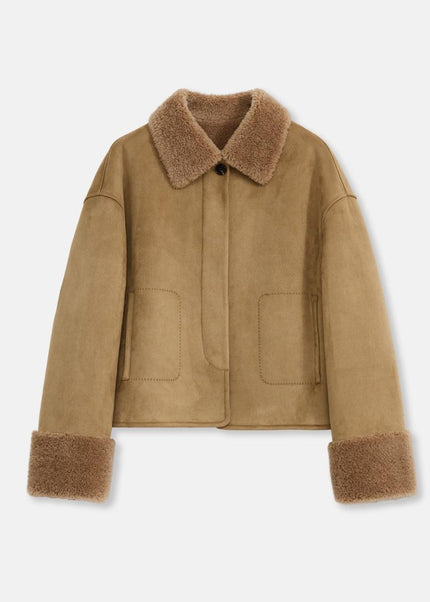 “Slightly Sweet Latte” Wool & Suede Shearling Jacket – Furry Lapel Casual Coat - Shearling Coat - Firelady Fur