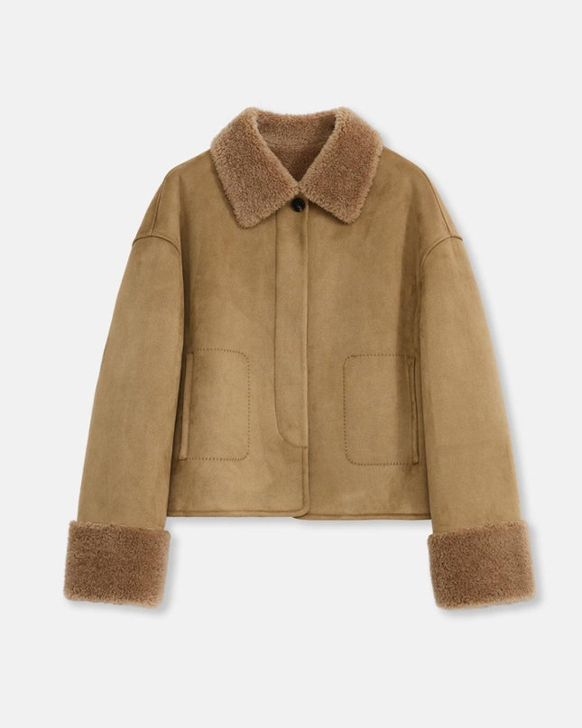 “Slightly Sweet Latte” Wool & Suede Shearling Jacket – Furry Lapel Casual Coat - Shearling Coat - Firelady Fur