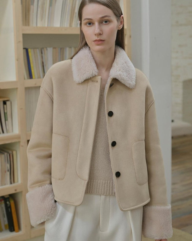 “Slightly Sweet Latte” Wool & Suede Shearling Jacket – Furry Lapel Casual Coat - Shearling Coat - Firelady Fur