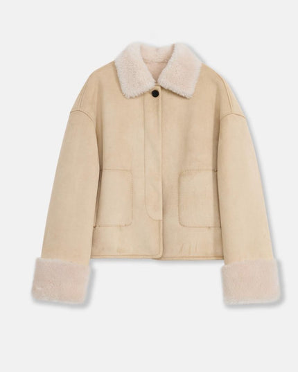 “Slightly Sweet Latte” Wool & Suede Shearling Jacket – Furry Lapel Casual Coat - Shearling Coat - Firelady Fur