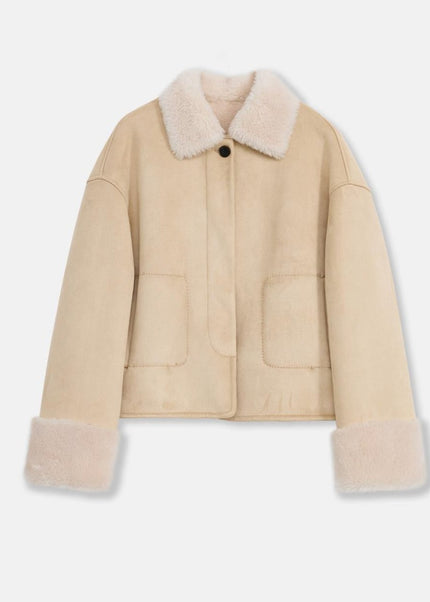 “Slightly Sweet Latte” Wool & Suede Shearling Jacket – Furry Lapel Casual Coat - Shearling Coat - Firelady Fur