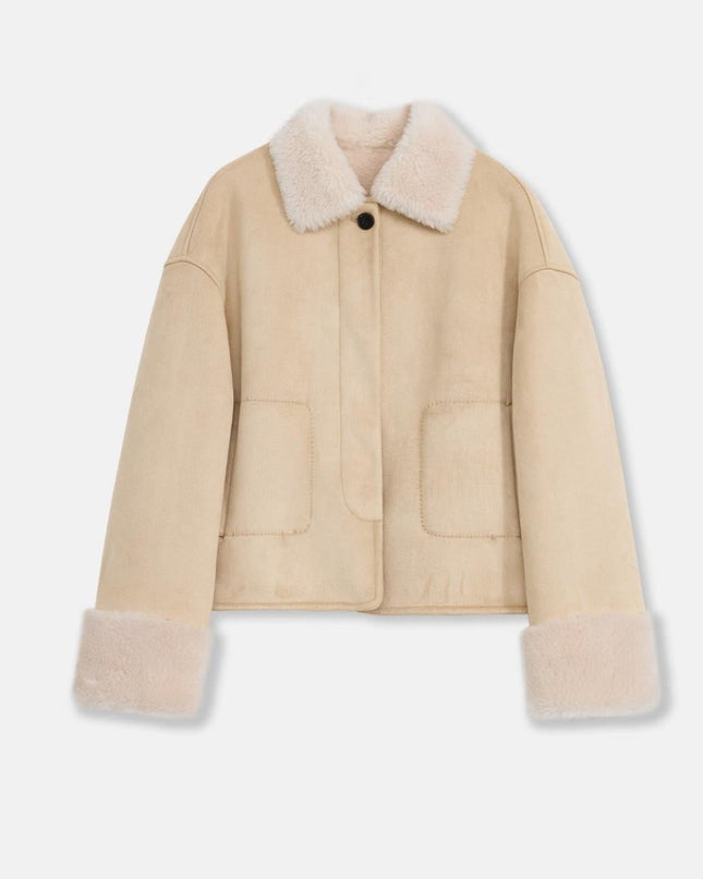 “Slightly Sweet Latte” Wool & Suede Shearling Jacket – Furry Lapel Casual Coat - Shearling Coat - Firelady Fur