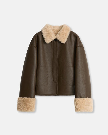 “Slightly Sweet Latte” Wool & Suede Shearling Jacket – Furry Lapel Casual Coat - Shearling Coat - Firelady Fur