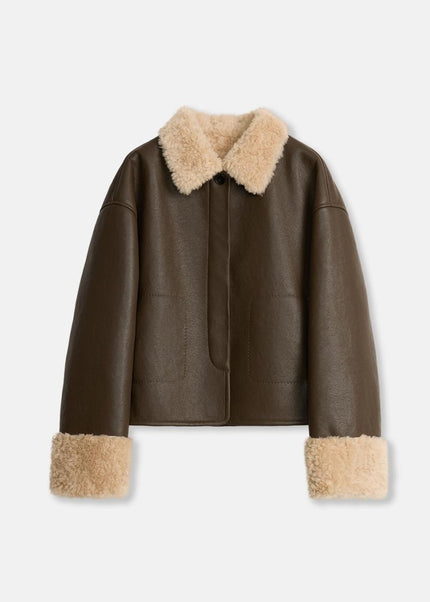 “Slightly Sweet Latte” Wool & Suede Shearling Jacket – Furry Lapel Casual Coat - Shearling Coat - Firelady Fur