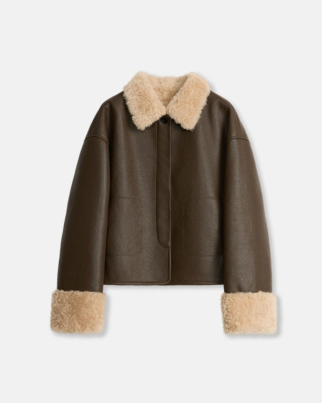 “Slightly Sweet Latte” Wool & Suede Shearling Jacket – Furry Lapel Casual Coat - Shearling Coat - Firelady Fur