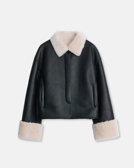 “Slightly Sweet Latte” Wool & Suede Shearling Jacket – Furry Lapel Casual Coat - Shearling Coat - Firelady Fur