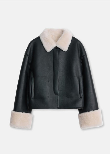 “Slightly Sweet Latte” Wool & Suede Shearling Jacket – Furry Lapel Casual Coat - Shearling Coat - Firelady Fur