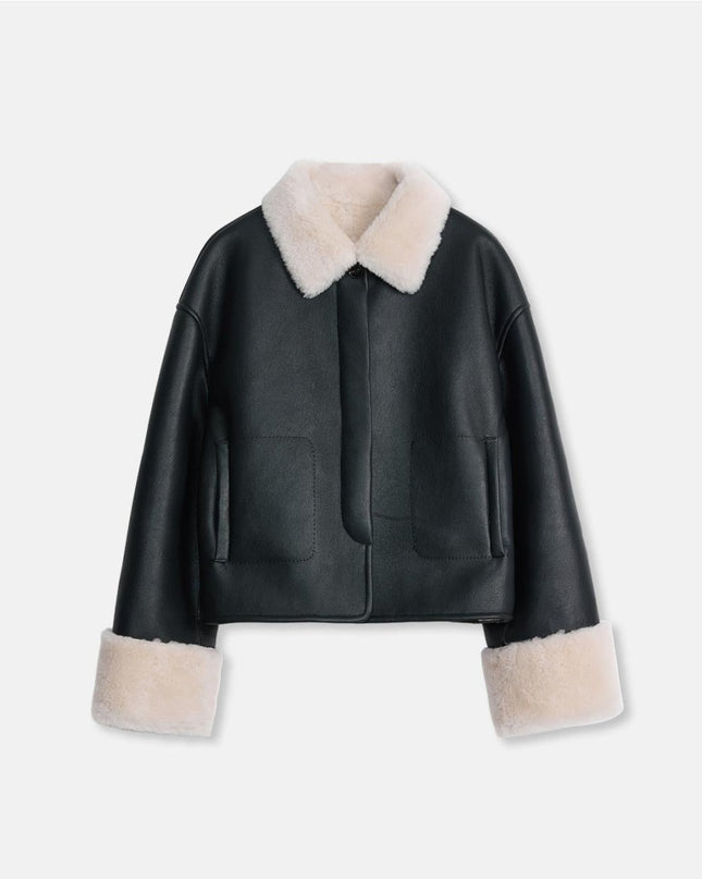 “Slightly Sweet Latte” Wool & Suede Shearling Jacket – Furry Lapel Casual Coat - Shearling Coat - Firelady Fur