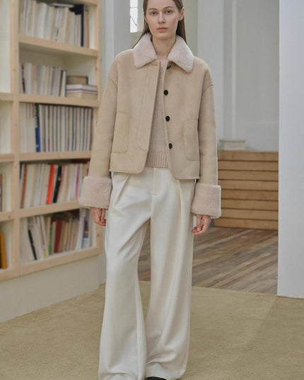 “Slightly Sweet Latte” Wool & Suede Shearling Jacket – Furry Lapel Casual Coat - Shearling Coat - Firelady Fur