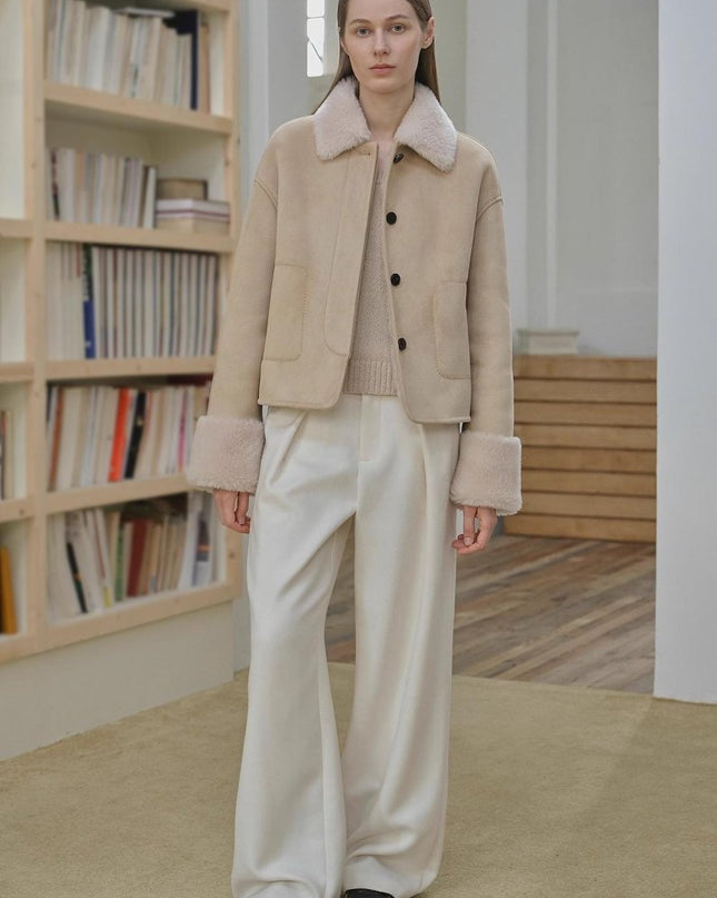 “Slightly Sweet Latte” Wool & Suede Shearling Jacket – Furry Lapel Casual Coat - Shearling Coat - Firelady Fur