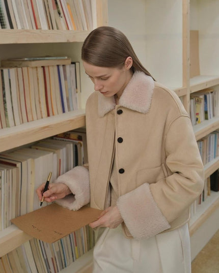 “Slightly Sweet Latte” Wool & Suede Shearling Jacket – Furry Lapel Casual Coat - Shearling Coat - Firelady Fur