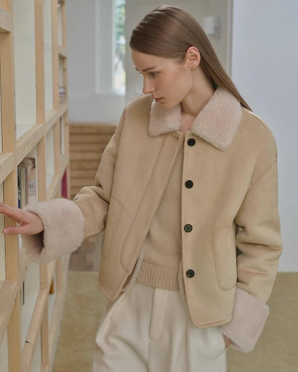 “Slightly Sweet Latte” Wool & Suede Shearling Jacket – Furry Lapel Casual Coat - Shearling Coat - Firelady Fur
