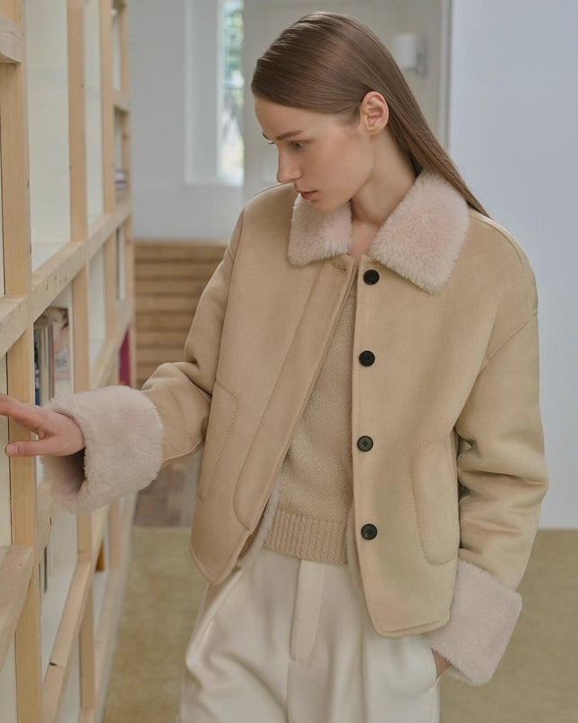 “Slightly Sweet Latte” Wool & Suede Shearling Jacket – Furry Lapel Casual Coat - Shearling Coat - Firelady Fur