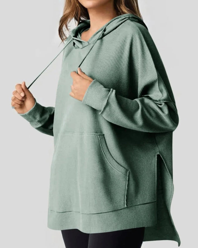 Slit Drawstring Waffle Knit Hoodie - Trendsi