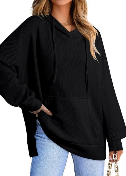 Slit Drawstring Waffle Knit Hoodie - Trendsi