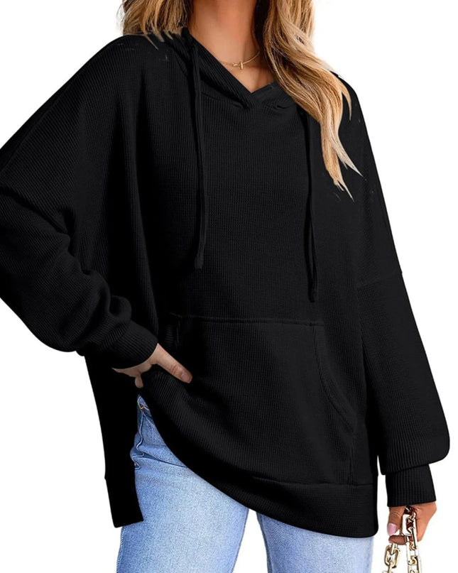 Slit Drawstring Waffle Knit Hoodie - Trendsi