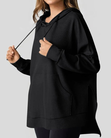 Slit Drawstring Waffle Knit Hoodie - Trendsi