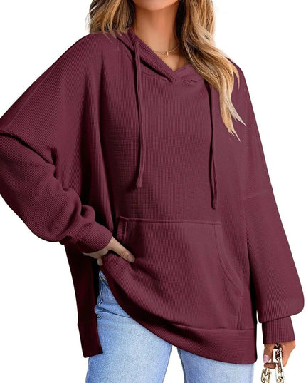 Slit Drawstring Waffle Knit Hoodie - Trendsi