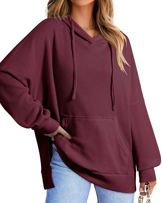 Slit Drawstring Waffle Knit Hoodie - Trendsi