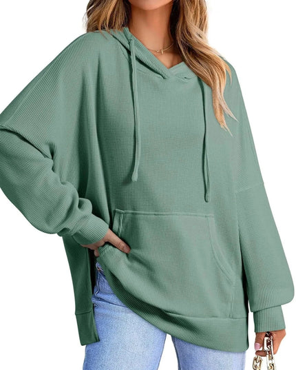 Slit Drawstring Waffle Knit Hoodie - Trendsi