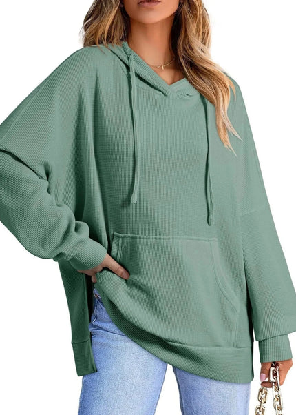 Slit Drawstring Waffle Knit Hoodie - Trendsi