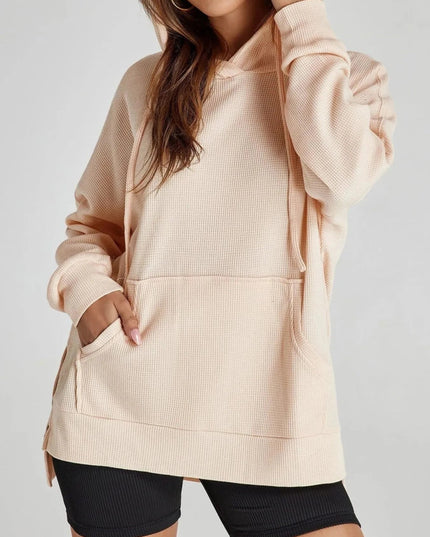 Slit Drawstring Waffle Knit Hoodie - Trendsi